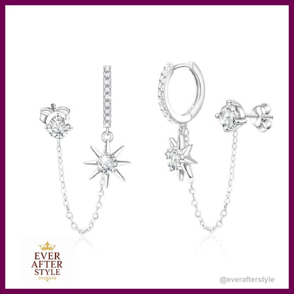 Sterling Silver Double Piercing Chain Earrings Elegant Layered Dangle Studs - Picture 2 of 8